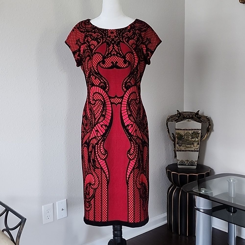 Worthington Midi Dress Red/ Black Velvet Lace Print